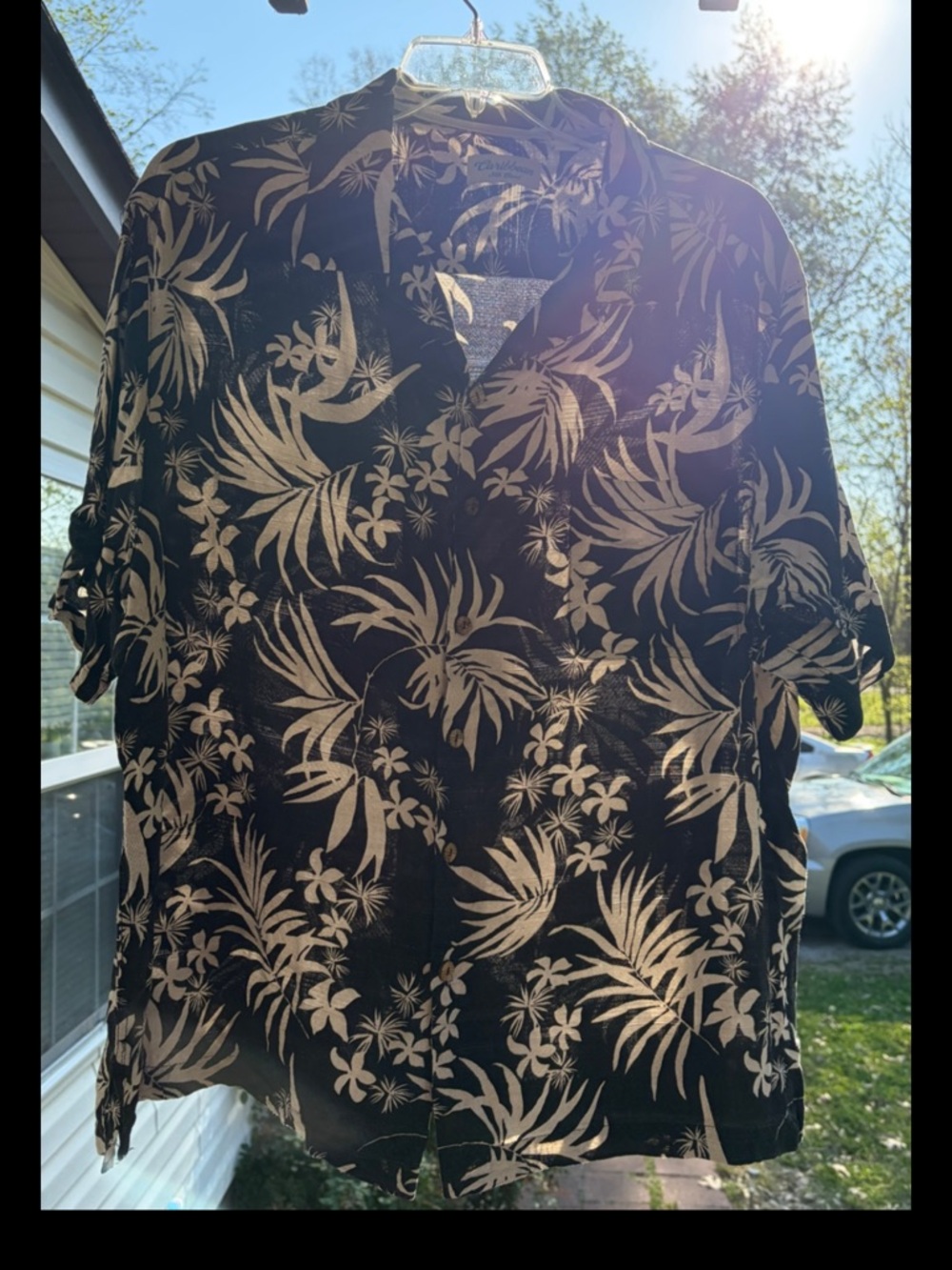 Caribbean Silk Blend Hawaiian Shirt 3XB Black White Palm Trees Beach Cruise Boat